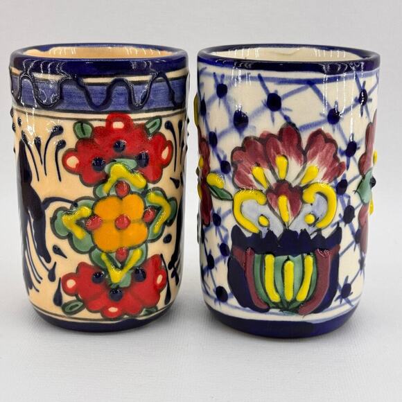 Handmade Other - Handmade Mexican Talavera Pottery Highball Glasses Tumblers Set of 2 Floral